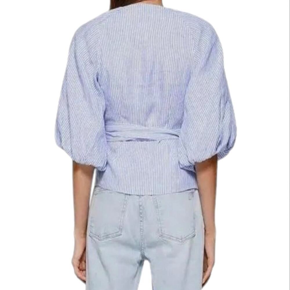Jonathan Simkhai Puff Sleeve Linen Wrap Shirt Cove Stripe - Picture 2 of 9